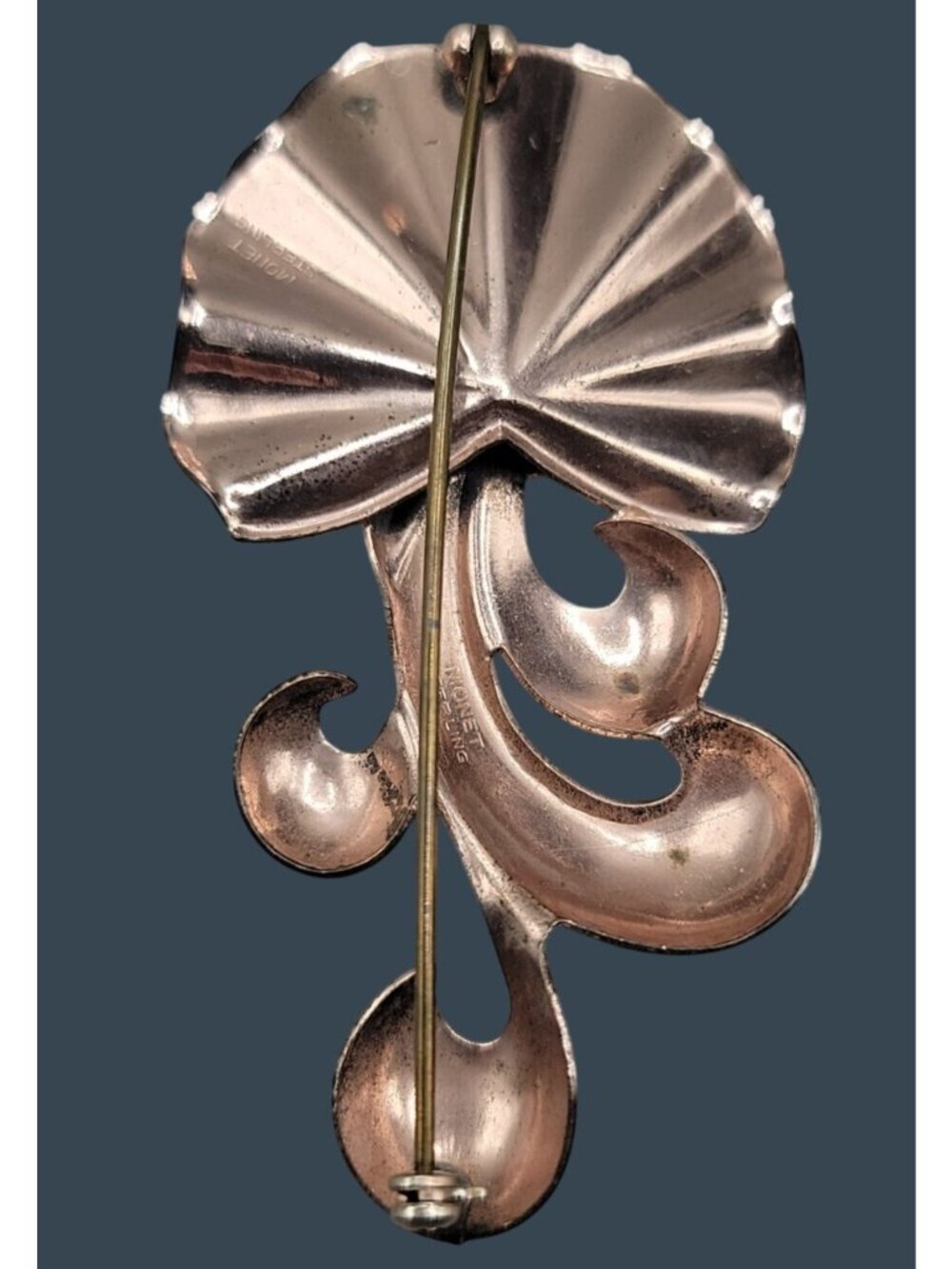 Rare 1940s Vintage MONET STERLING Silver Rose Gold Vermeil Retro Fan Brooch Pin - Picture 4 of 7